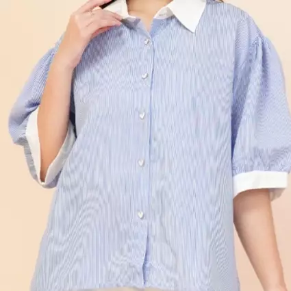Stacie Solid Collar Stripe Shirt Love Button in Blue