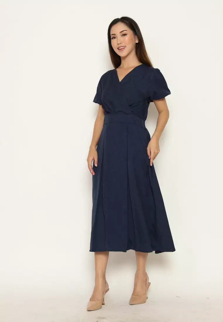 Urban Exchange Jasmine Dress Navy - Midi Dress Puff Sleeves