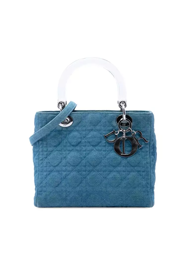Pre-Loved Dior Medium Denim Cannage Acrylic Handles Lady Dior