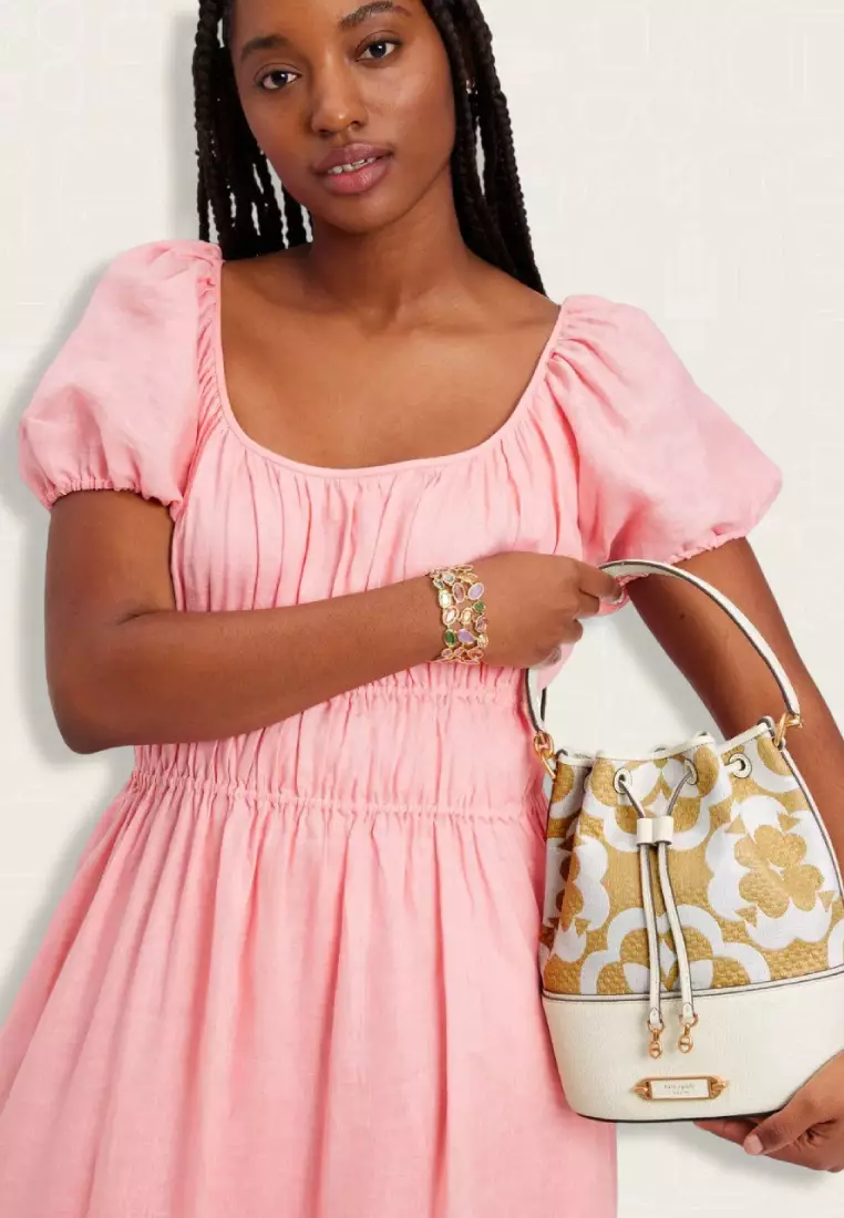 Kate Spade Spade Flower Monogram Raffia Gramercy Medium Bucket Bag Cream