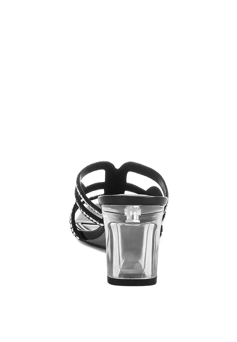 Metallic Rhinestone Clear Wedge Sandals In Black