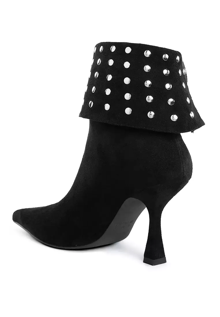 Stud Embellished Foldover Boots in Black