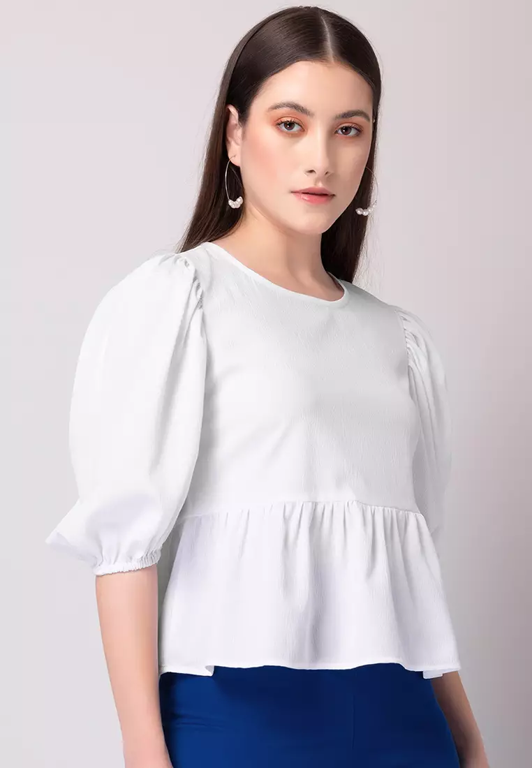 White Textured Puff Sleeve Peplum Top