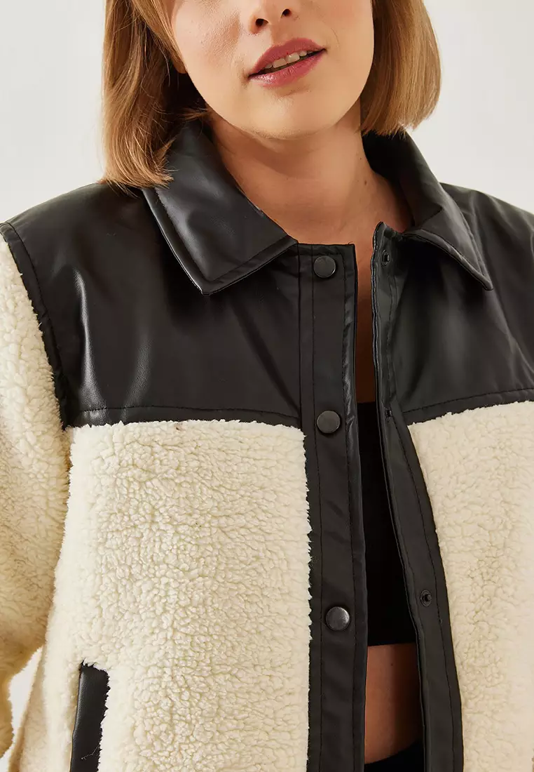 Women's Plush Leather Detailed Puffer Jacket Hk-027 60351218