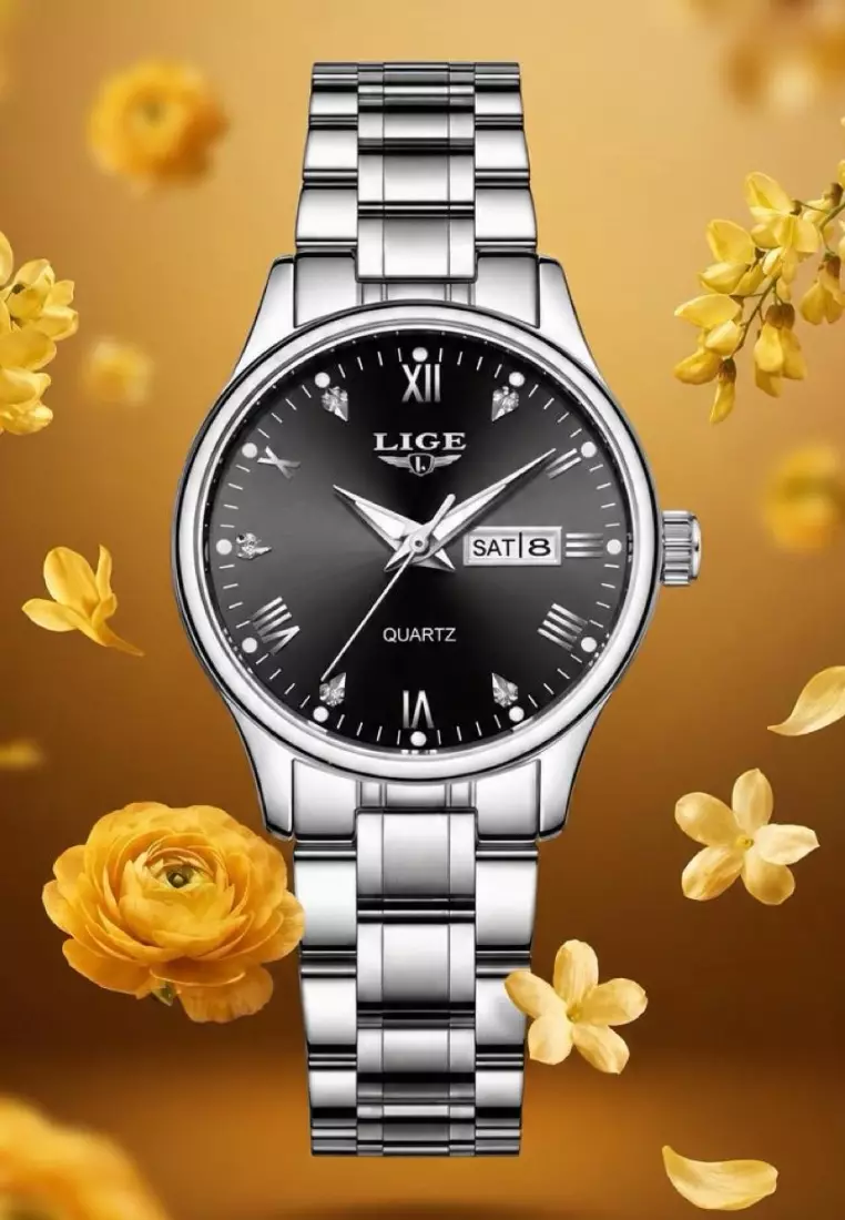 Ladies Day/Date Light Metal Alloy Quartz Watch, 29mm Diameter, Stainless Steel Bracelet