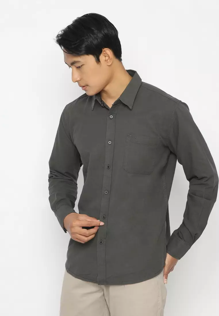 POLICE Kemeja Polos Cotton Slub Regular Fit Dark Olive Lengan Panjang Pria