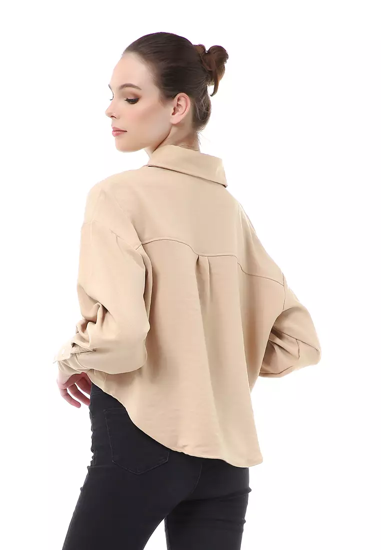 Brielle Atasan Wanita Kemeja Casual Lengan Panjang Oversize Shirt Material Polyester Cationic - Cream
