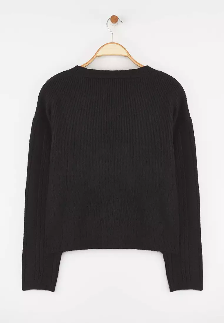 Black Soft Textured Sleeve Embroidery Detail Wide Fit Knitwear Cardigan