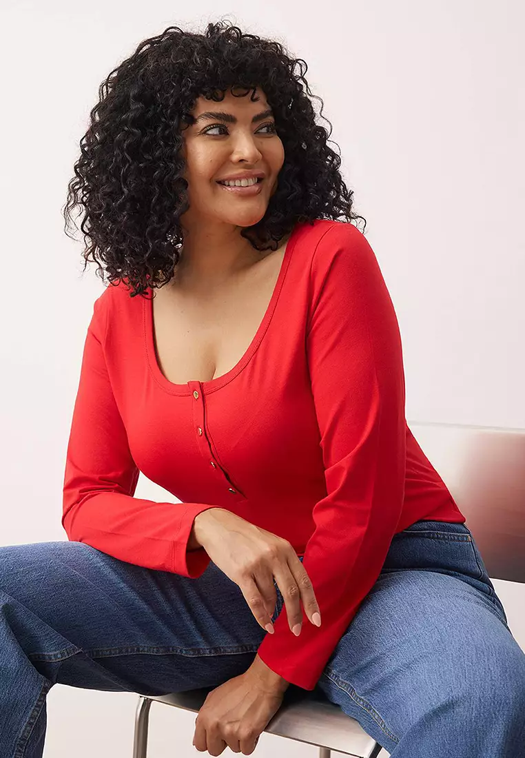 Red Knitted Body Fitting Button Detail Plus Size Blouse Tbbaw26Af00008