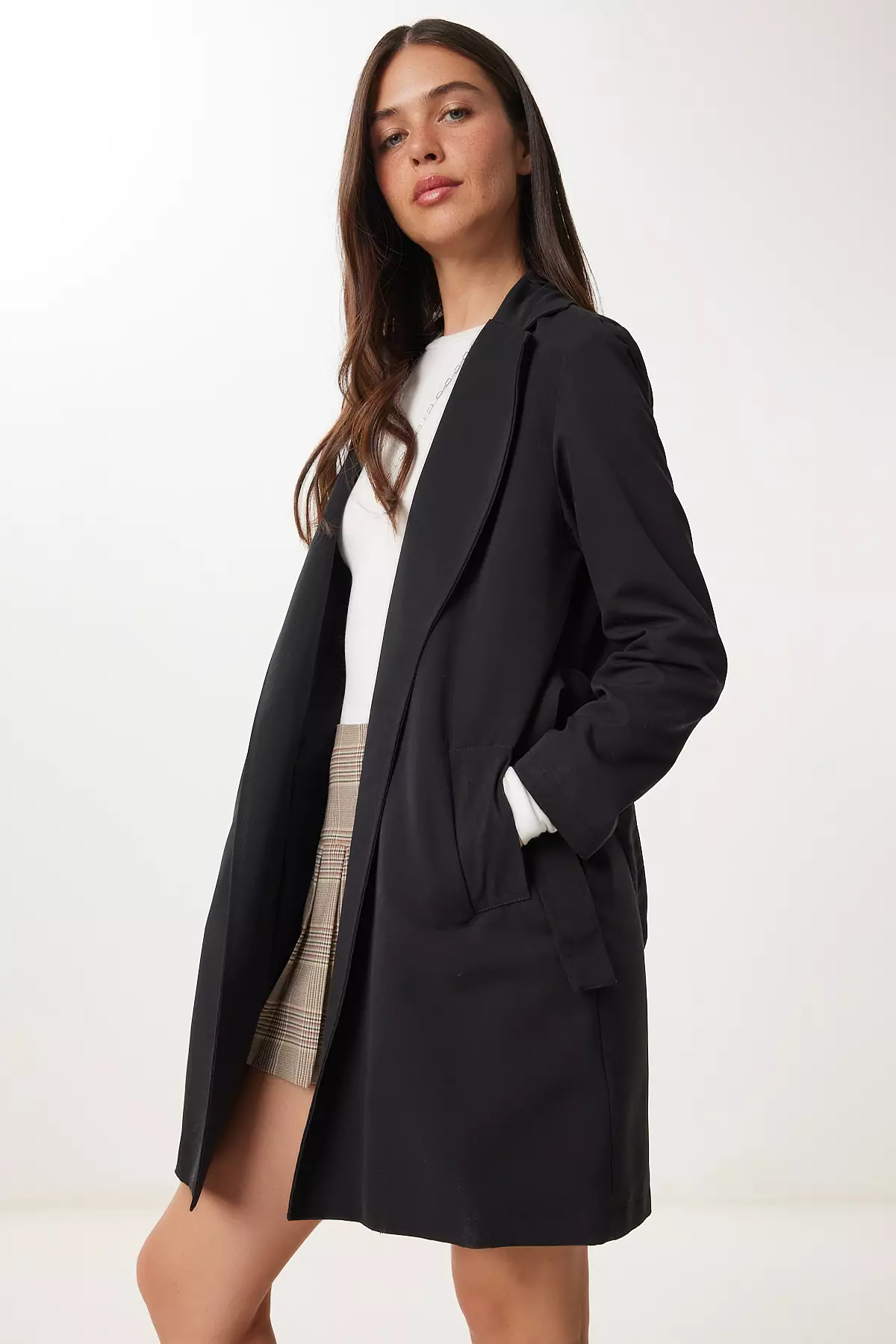Women's Black Belted Short Woven Trench Coat Gp00027