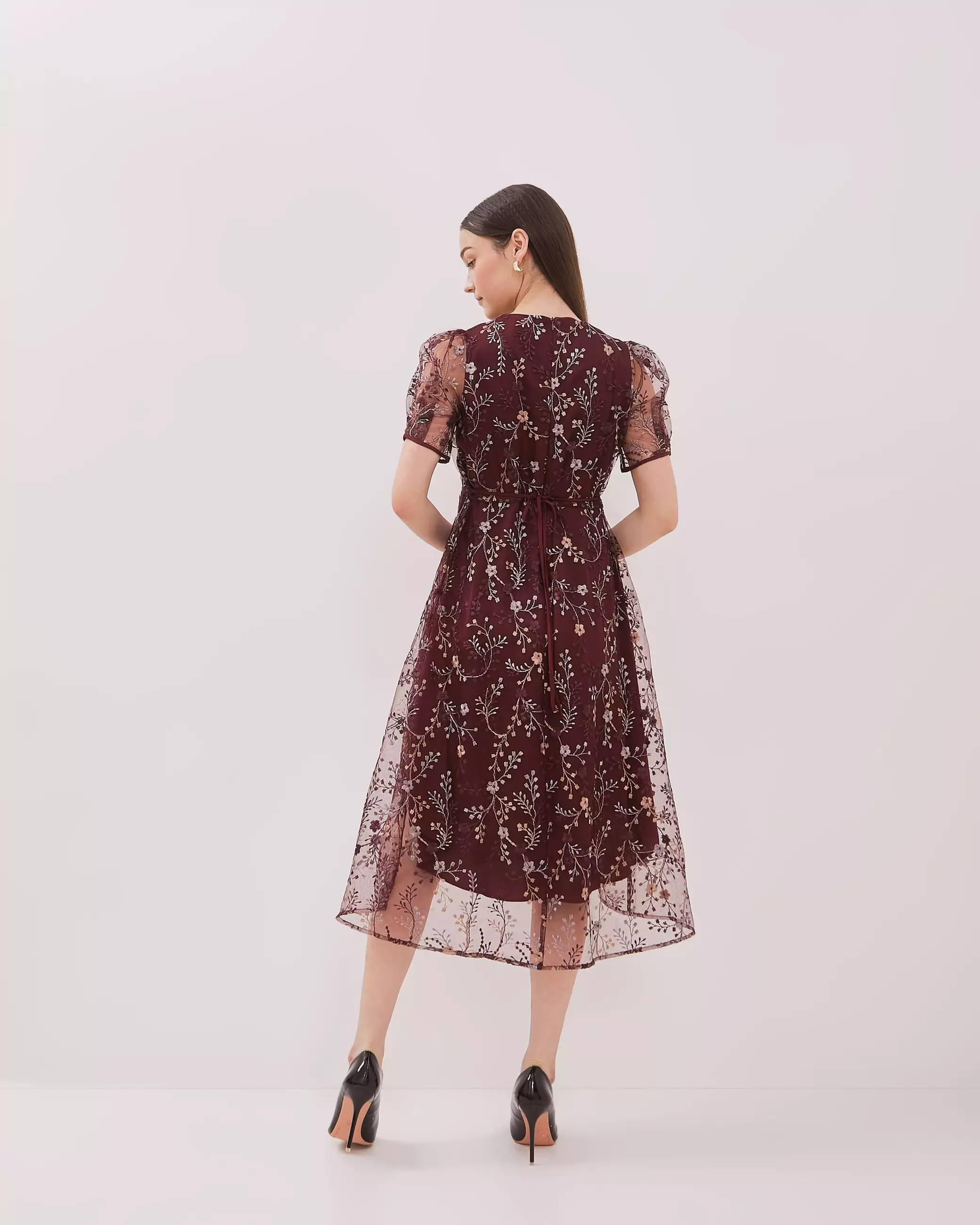 Urban Exchange Noella Burgundy Dress / Midi Dress Brokat Dress Natal Warna Burgundy