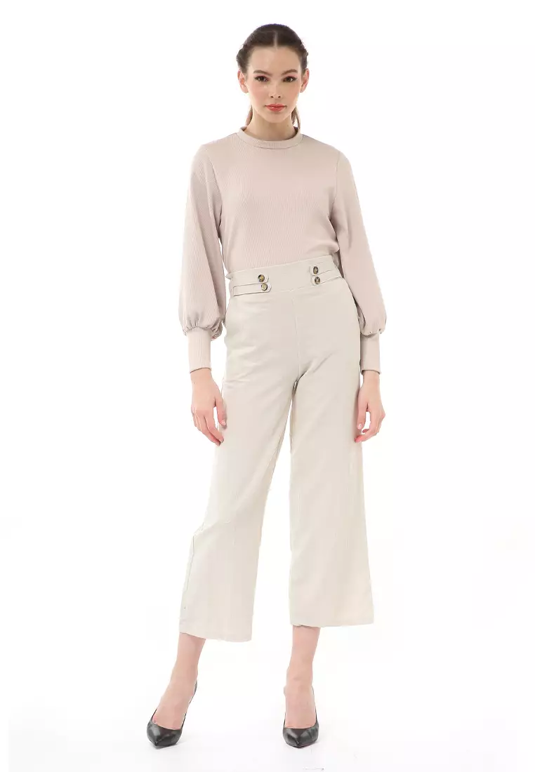 Stella Casual Long Pants Wanita Celana Kulot Highwaist Double Botton Material Linen ORIGINAL - Oat