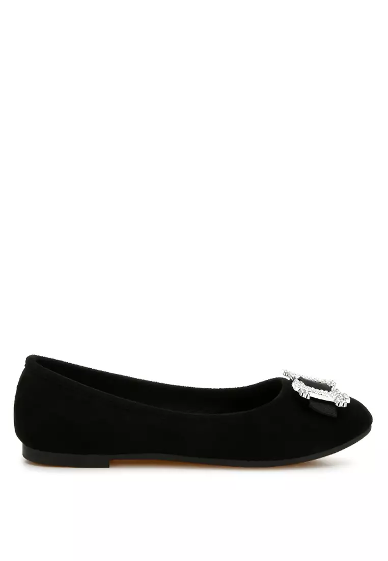 Rhinestone Buckle Detail Ballerinas in Black