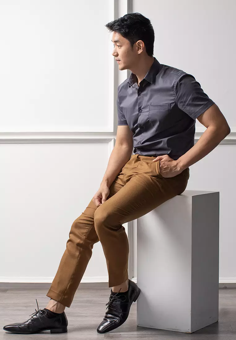 Kemeja Tangan Pendek Formal Stretch Oxcon Charcoal Grey