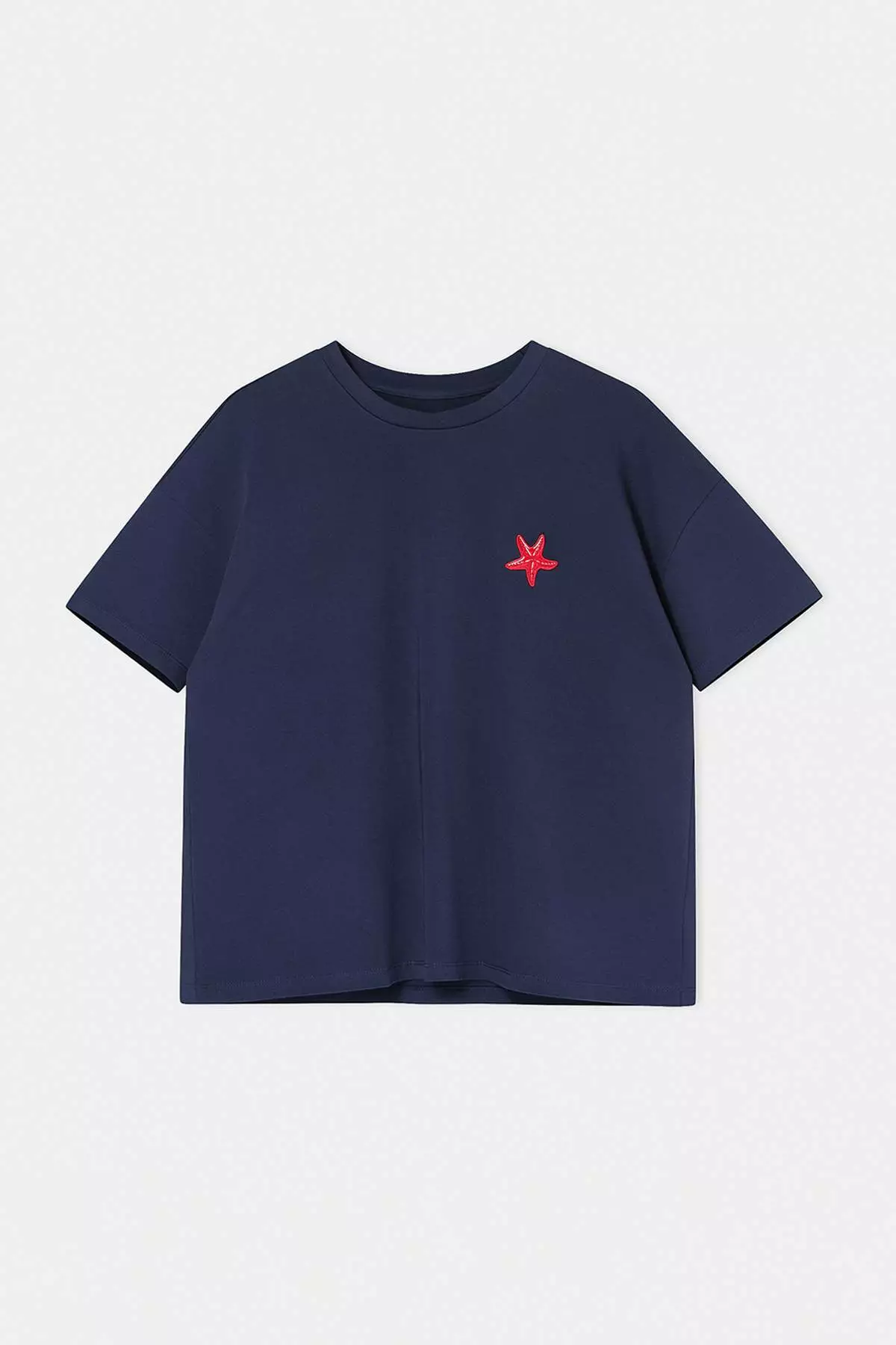 Navy Blue Embroidered Oversize/Wide Fit Crew Neck Knitted Plus Size T-Shirt Tbbss26Bf00018