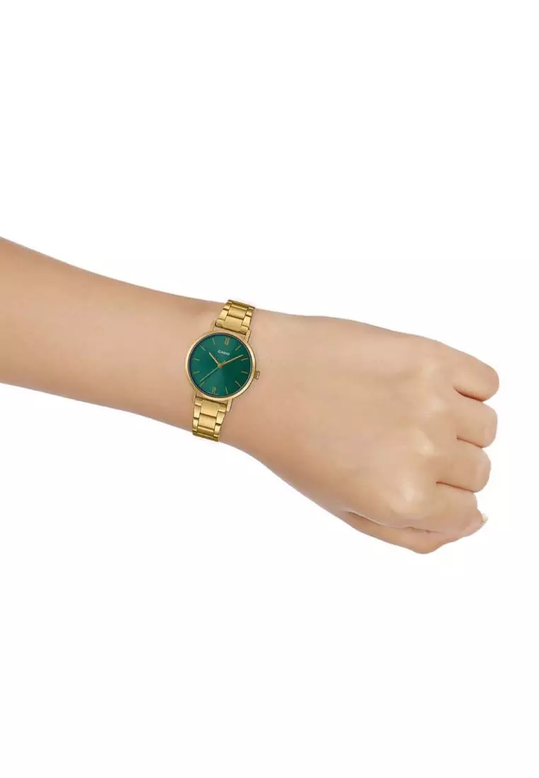 Women's Analog Watch LTP-VT02G-3A Green Dial with Gold Stainless Steel Band Watch Women