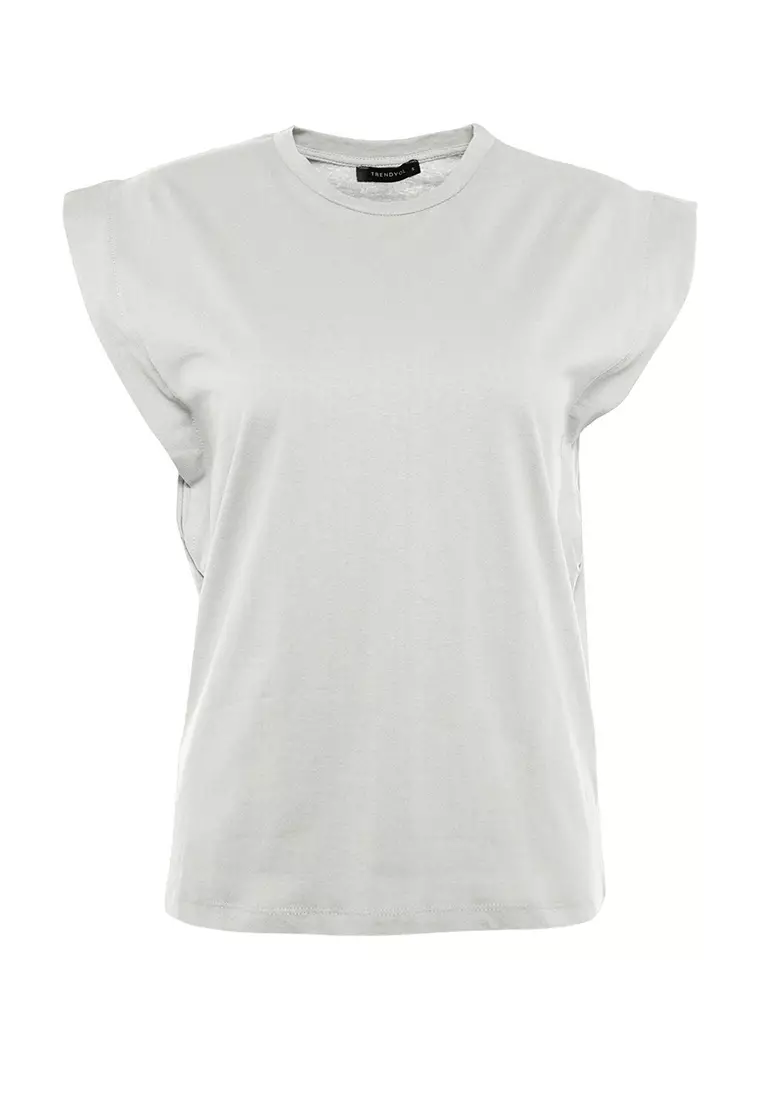 Gray 100% Cotton Wadding Look Basic Crew Neck Knitted T-Shirt TWOSS20TS0021