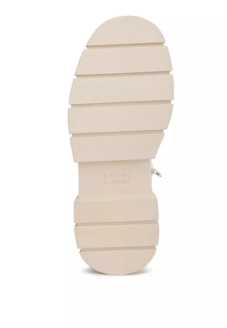 Ecru Faux Leather Chunky Platform Sepatu Bot Selutut