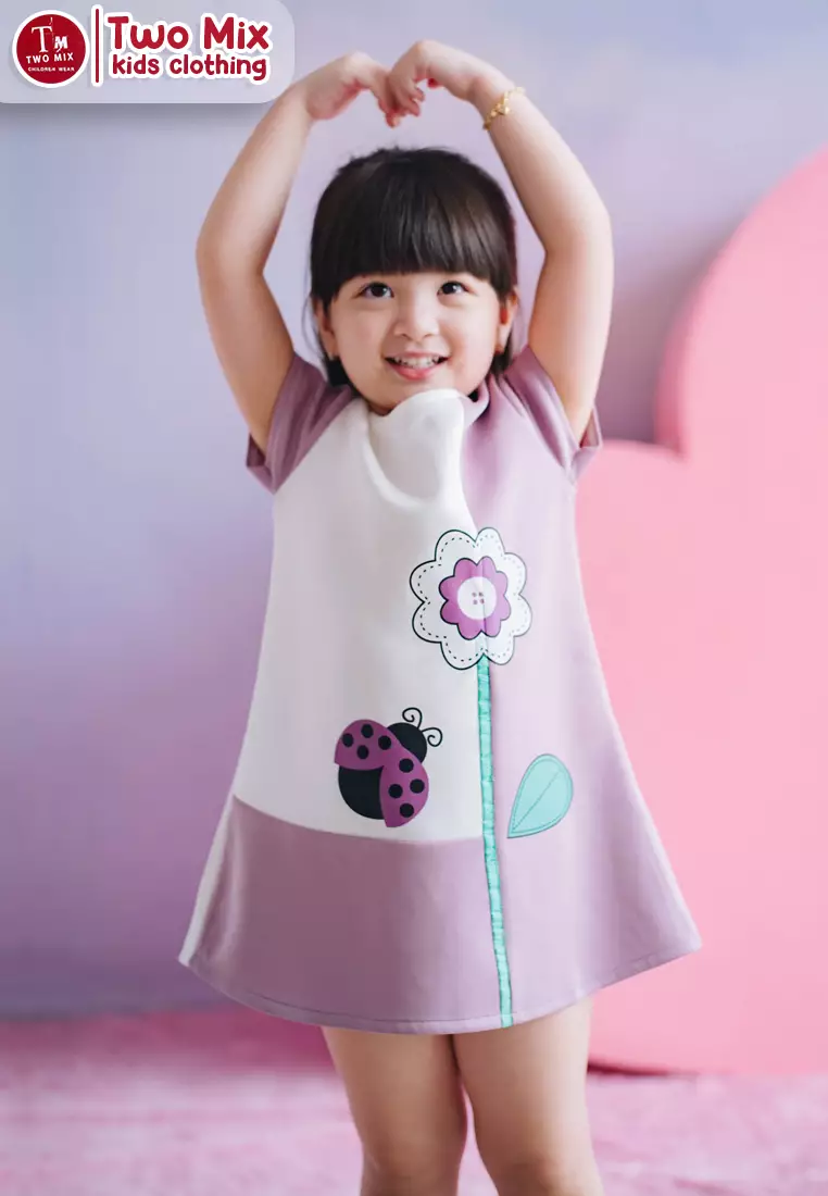 Two Mix Dress Anak Perempuan - Baju Anak Fashion Motif Bunga 4093 Lavender