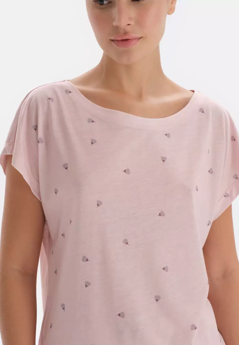 Light Pink T-Shirt & Trousers Knitwear Set, Floral Printed, Boat Neck, Oversize, Long Leg, Short Sleeve Sleepwear for Women