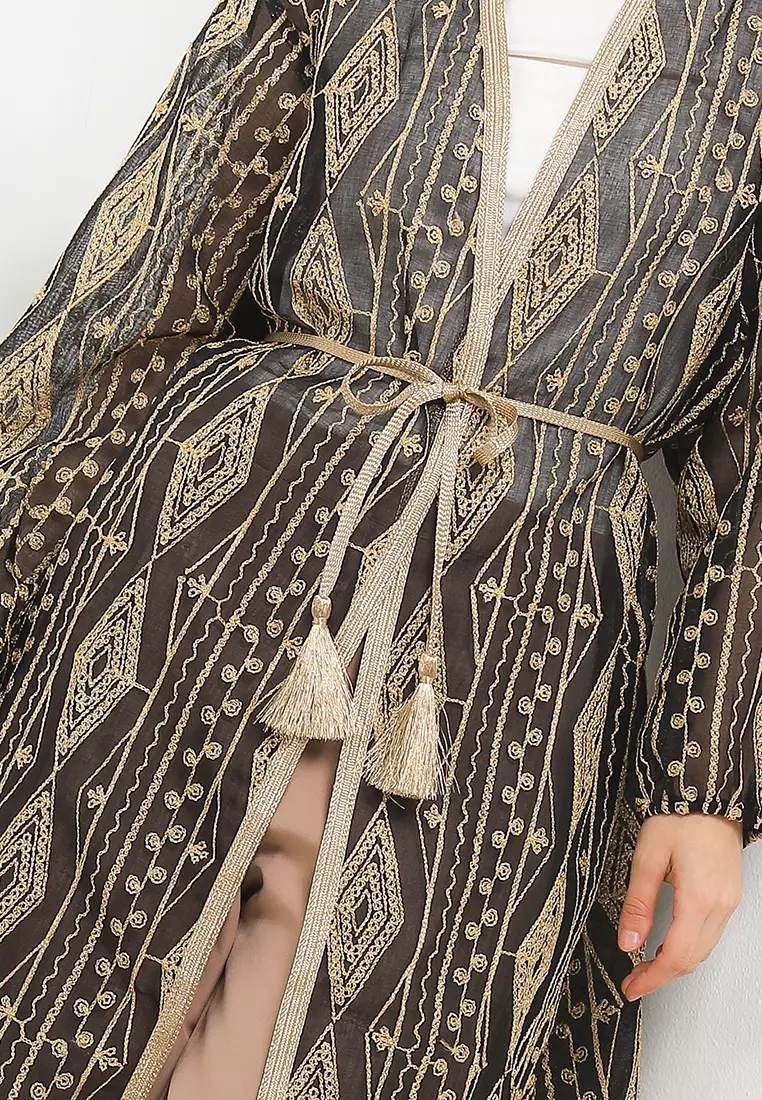 Ethnic Emb Linen Outer W/ Gold Tassel Belt