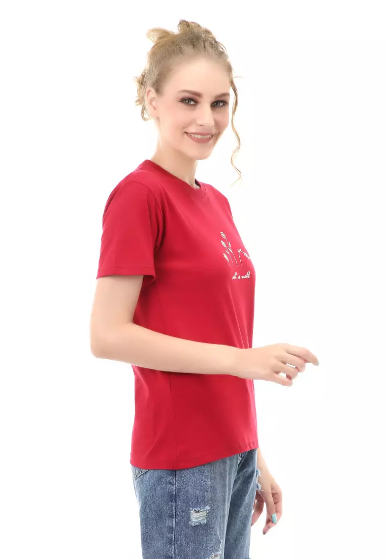 Genevie T-Shirt Kaos Kasual Wanita All Is Well Short Sleeve Material Cotton Combed ORIGINAL - Maroon