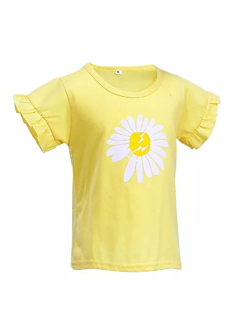 Chevelle Kaos Anak Perempuan Lengan Terompet Ruffle Tee Motif Bunga Material Cotton ORIGINAL - Yellow