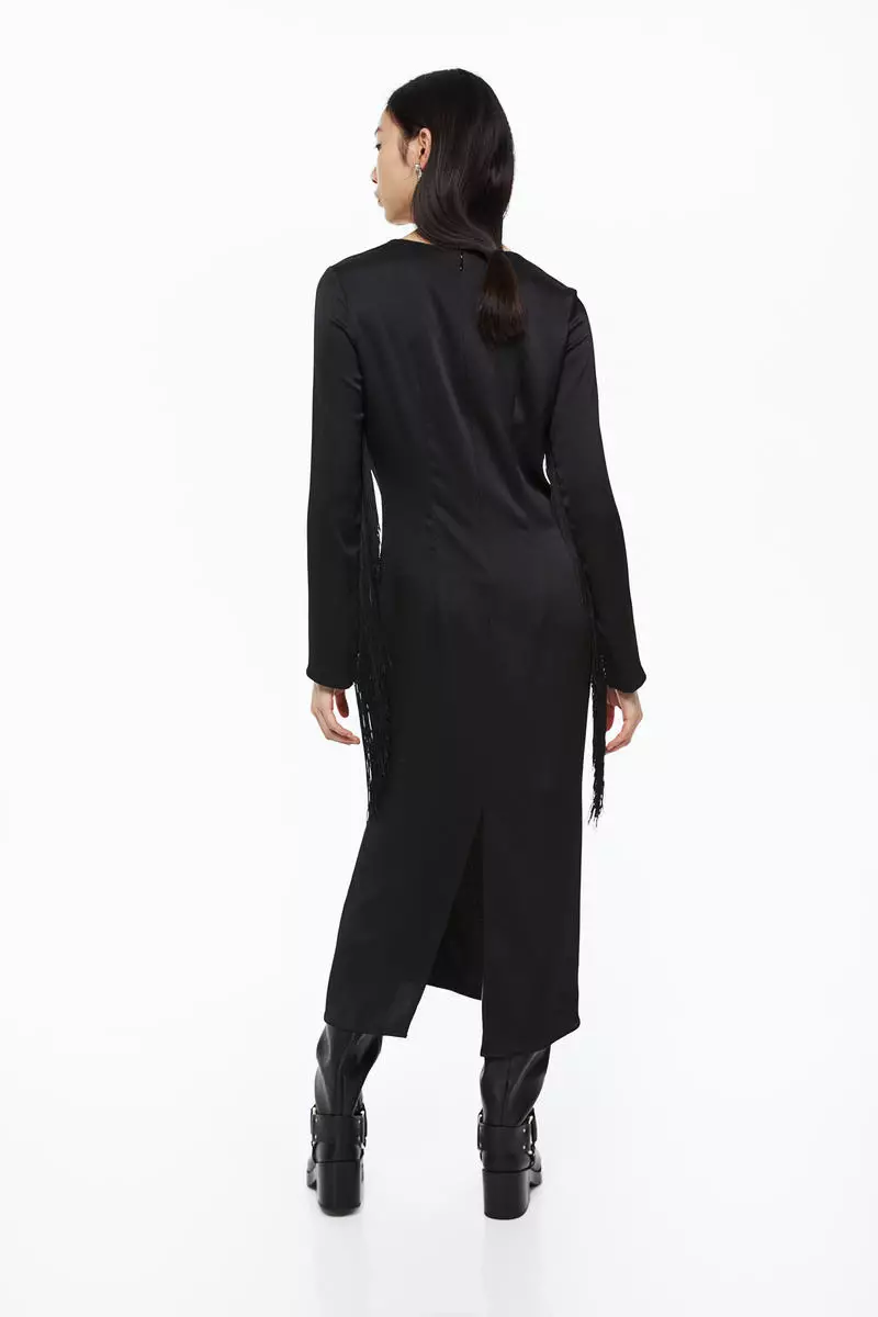 Fringe-trimmed satin dress