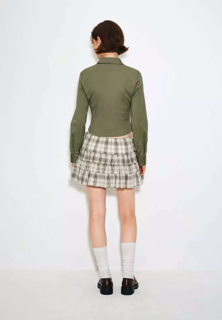Drawstring Tie Side Plaid Layered Ruffle Cotton Mini Skirt