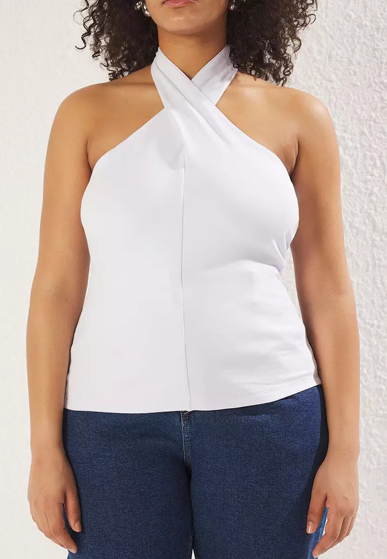 White Single Jersey Neck Knitting Plus Size Blouse TBBSS25AF00009