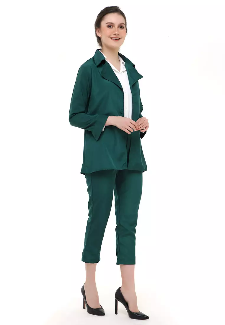 Nicrely Setelan Blazer Wanita One Set Longsleeve Suit Zipper Pant Material Twiscone ORIGINAL - Army