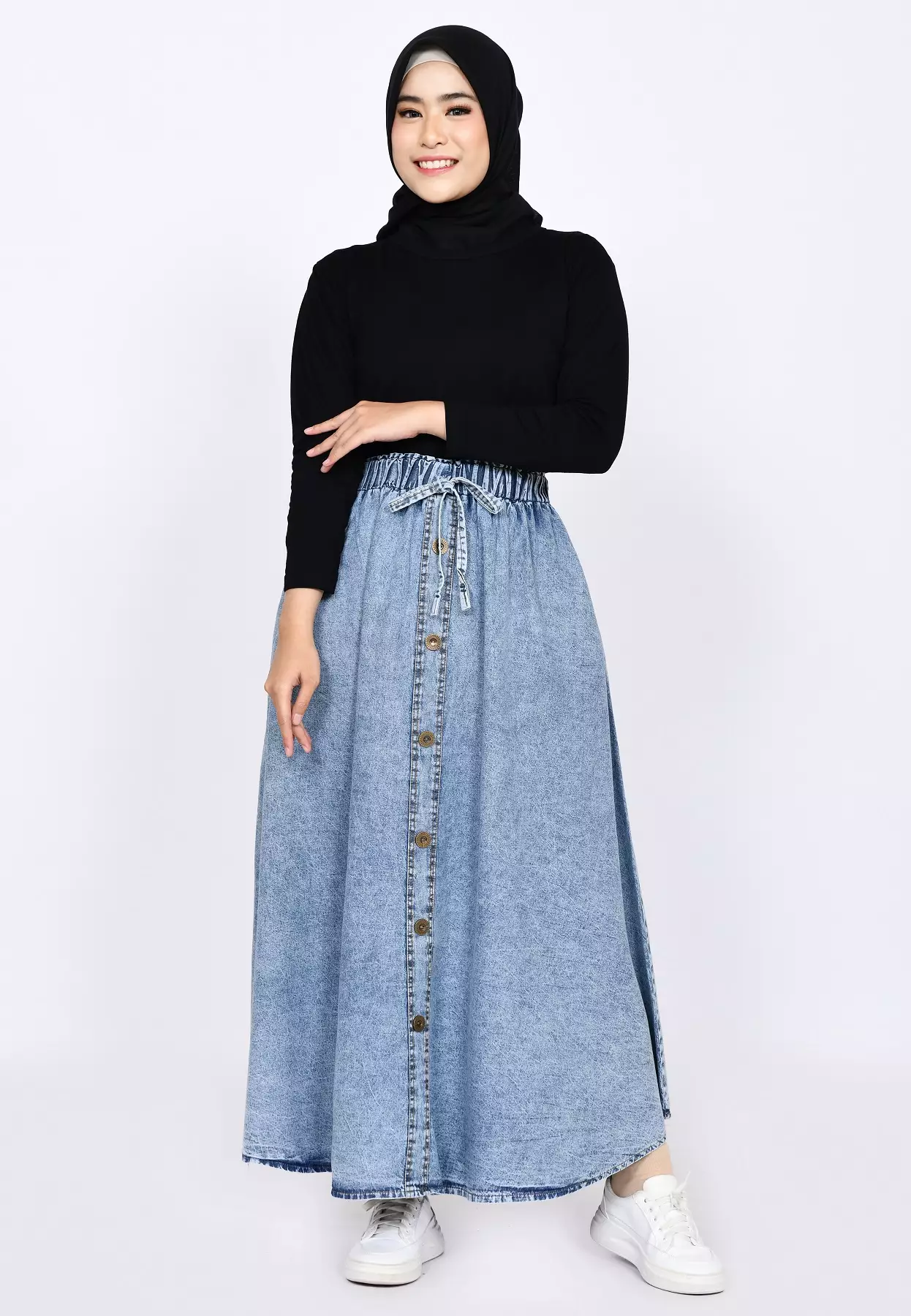 Long Skirt Denim Flare W/ Button