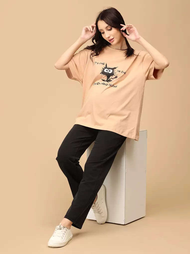 I'm Fine Oversized Maternity T-Shirt - Sand