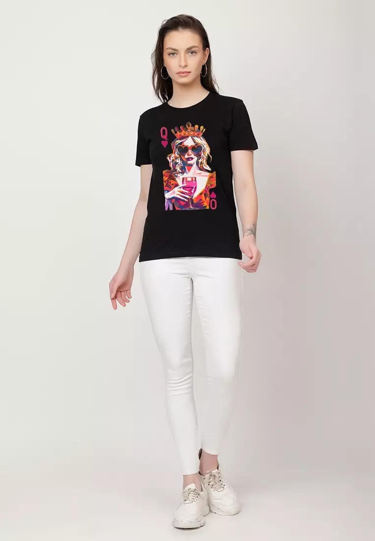 女式扑克牌皇后图案黑色棉质修身短袖圆领T恤