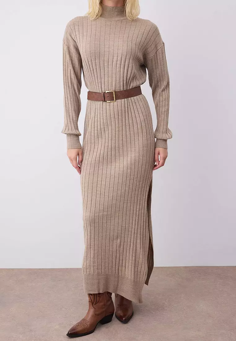 Slit Belted Knit Maxi Dress