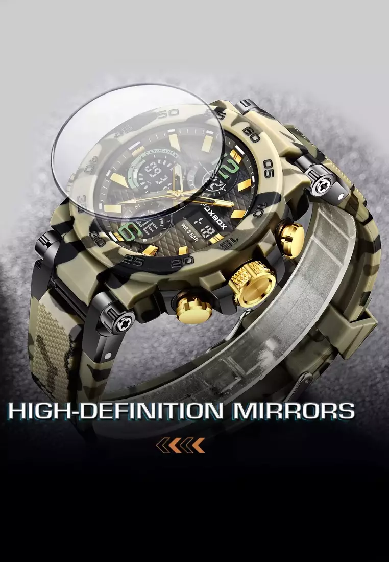 FOXBOX Military Style Chronograph, Unisex Digital/Analogue Quartz Watch, Camouflage Silicone