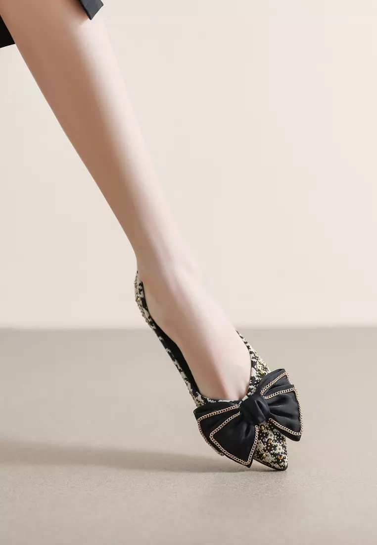 Bow Pointy Tweed Flat Shoes WW377-19