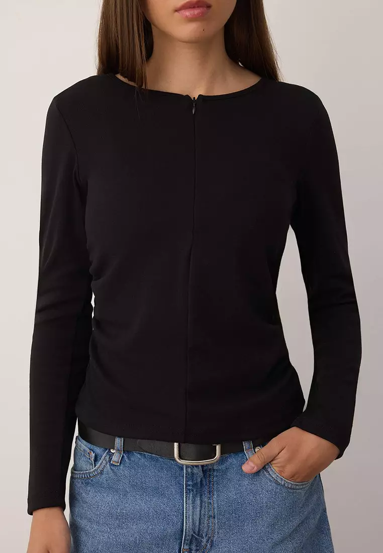 Black Fitted/Fits The Body Double Look Half Zippered Double Layered Knitted Blouse