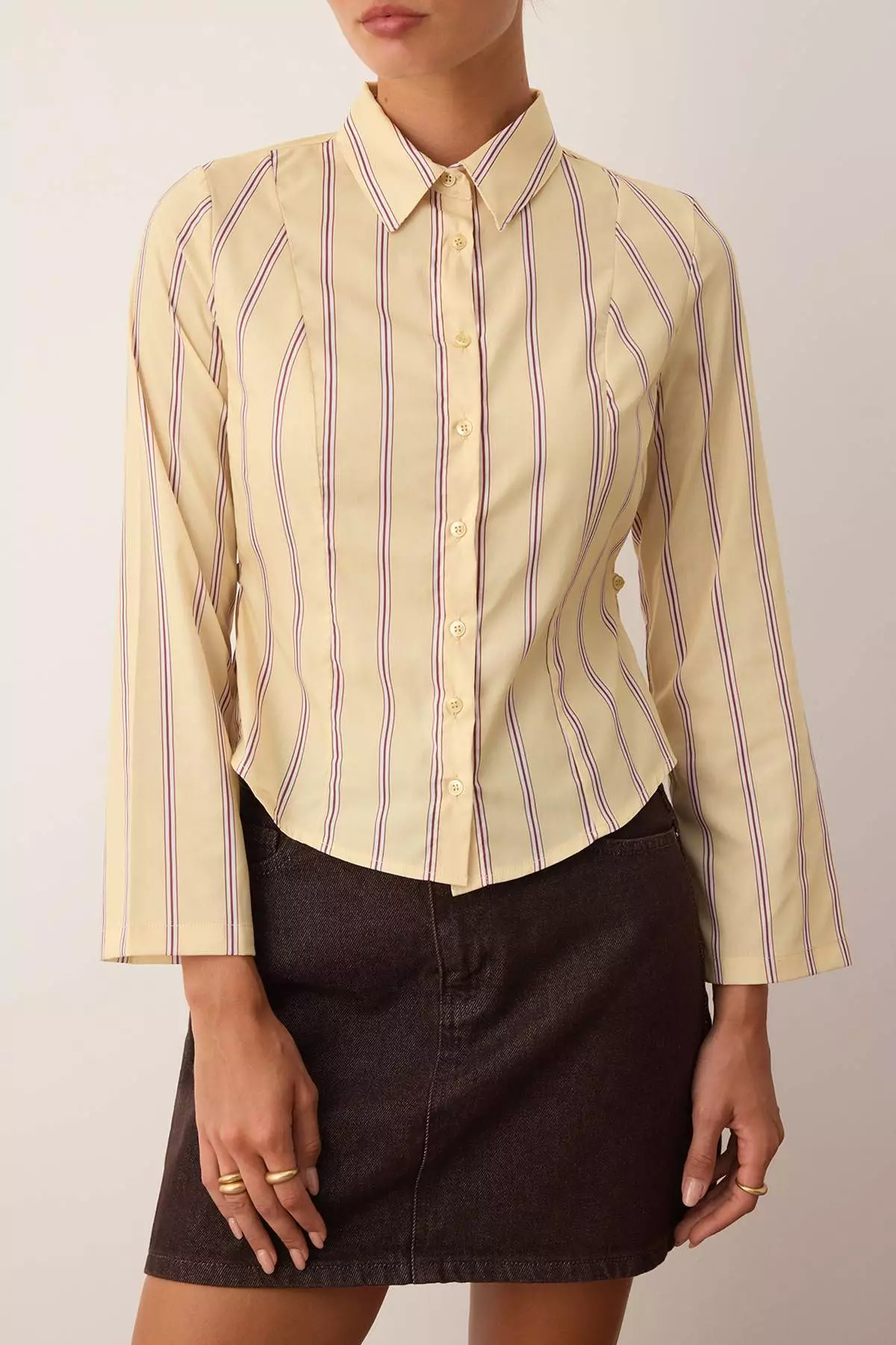 Yellow-Multicolored Waist Gathered Fitted Wide Sleeve Shirt