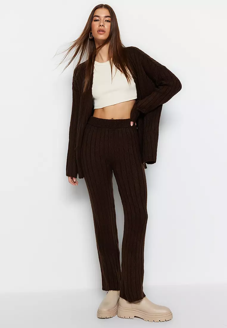 Brown Wide fit Soft Textured Knitwear Top-Top Set TWOAW22AU0128