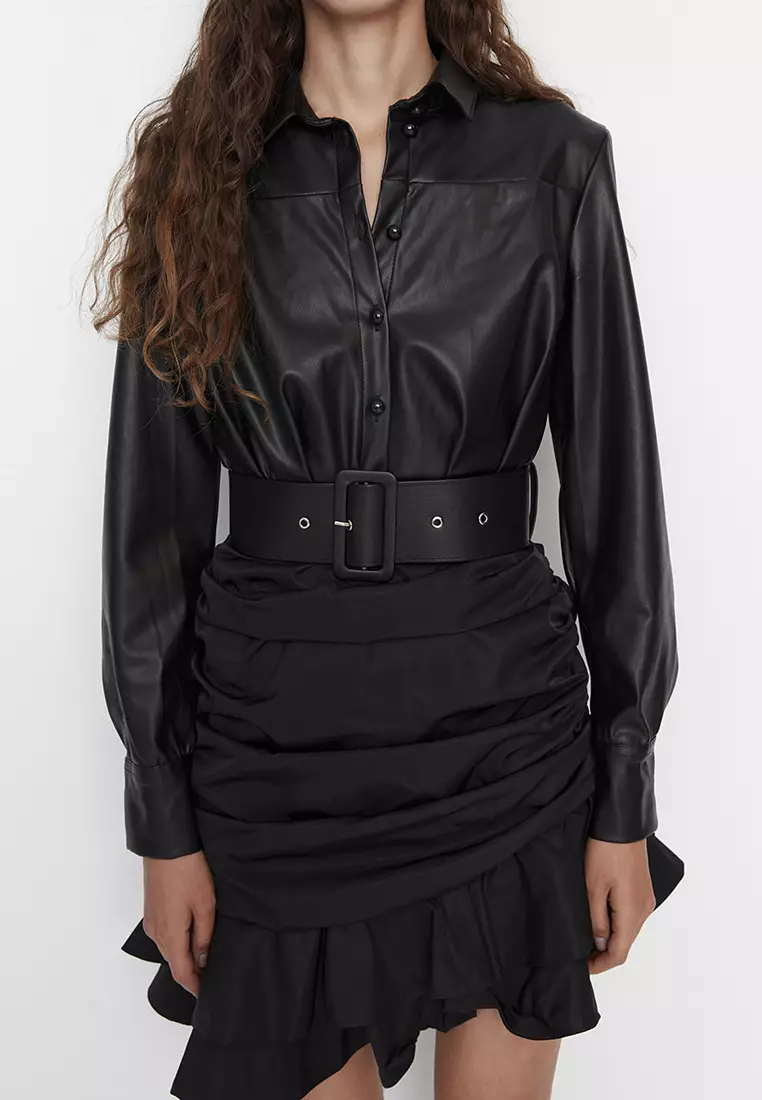 Limited Edition Black Mini Woven Faux Leather Dress With Belt