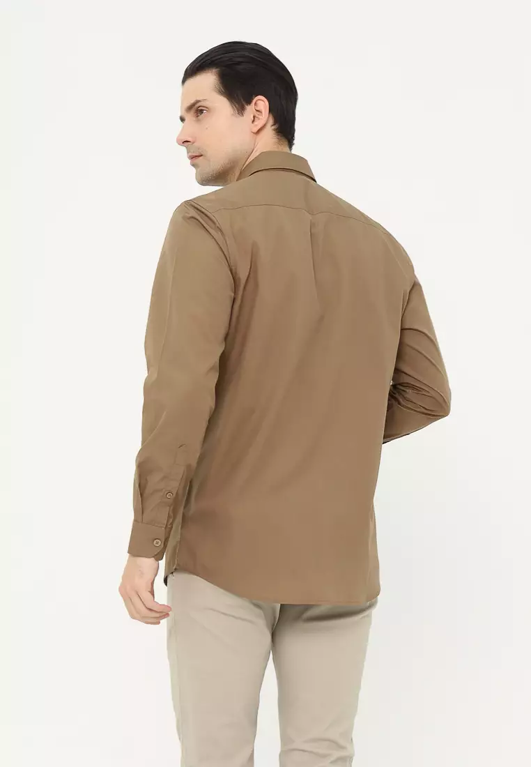 MAGINOT Kemeja Pria Basic Polos Panjang BROWN