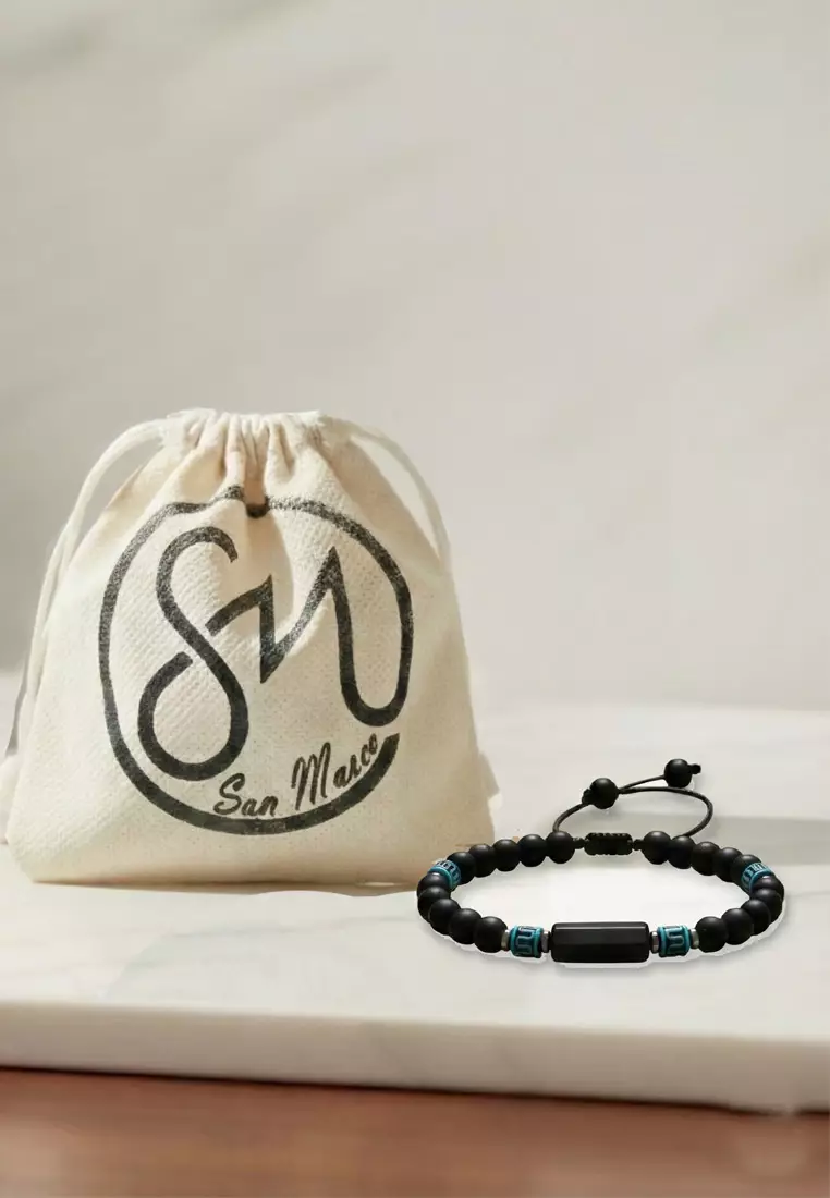 Aksesoris Gelang Pria Matte Black & Teal Beaded Beads Macrame Bracelet Black & Teal