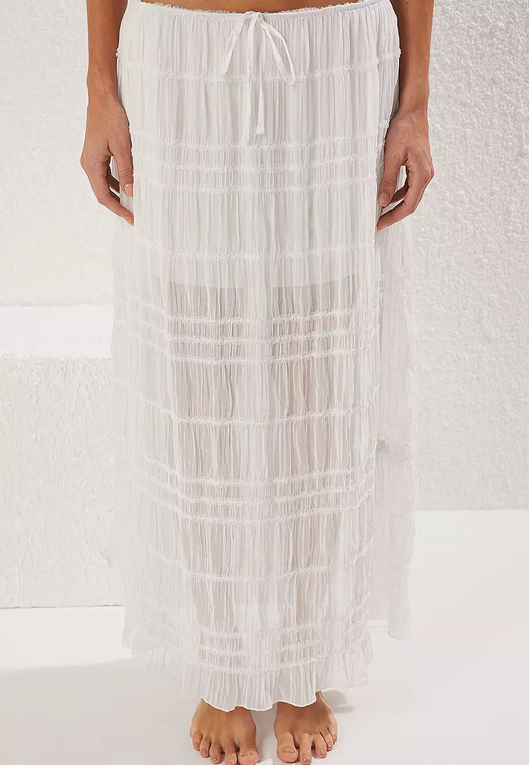 Ecru Gathered Detail Chiffon Blouse Skirt Beach Set