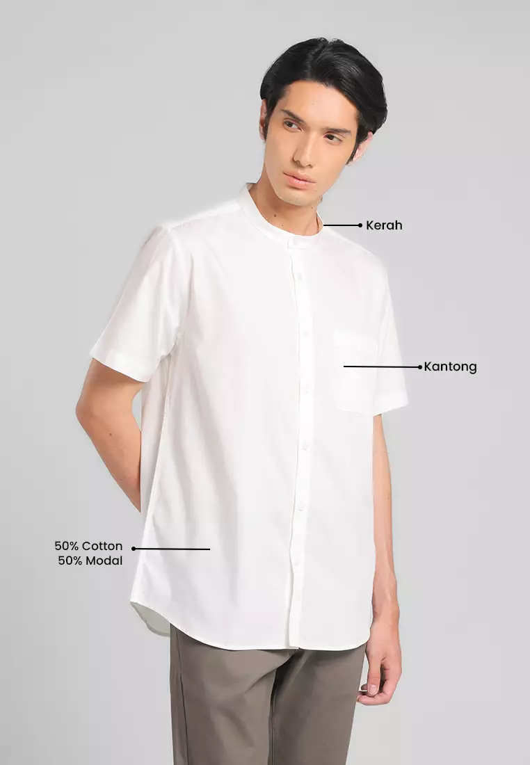 MANZONE - Kemeja Koko Kerah Shanghai Lengan Pendek Pria Maysa Modern Fit - White Warna White