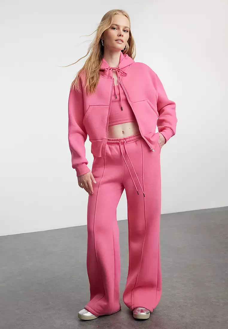 Pink 3-Piece Fleece Hooded Relaxed Knitted Tracksuit Set Twoaw25Em00007