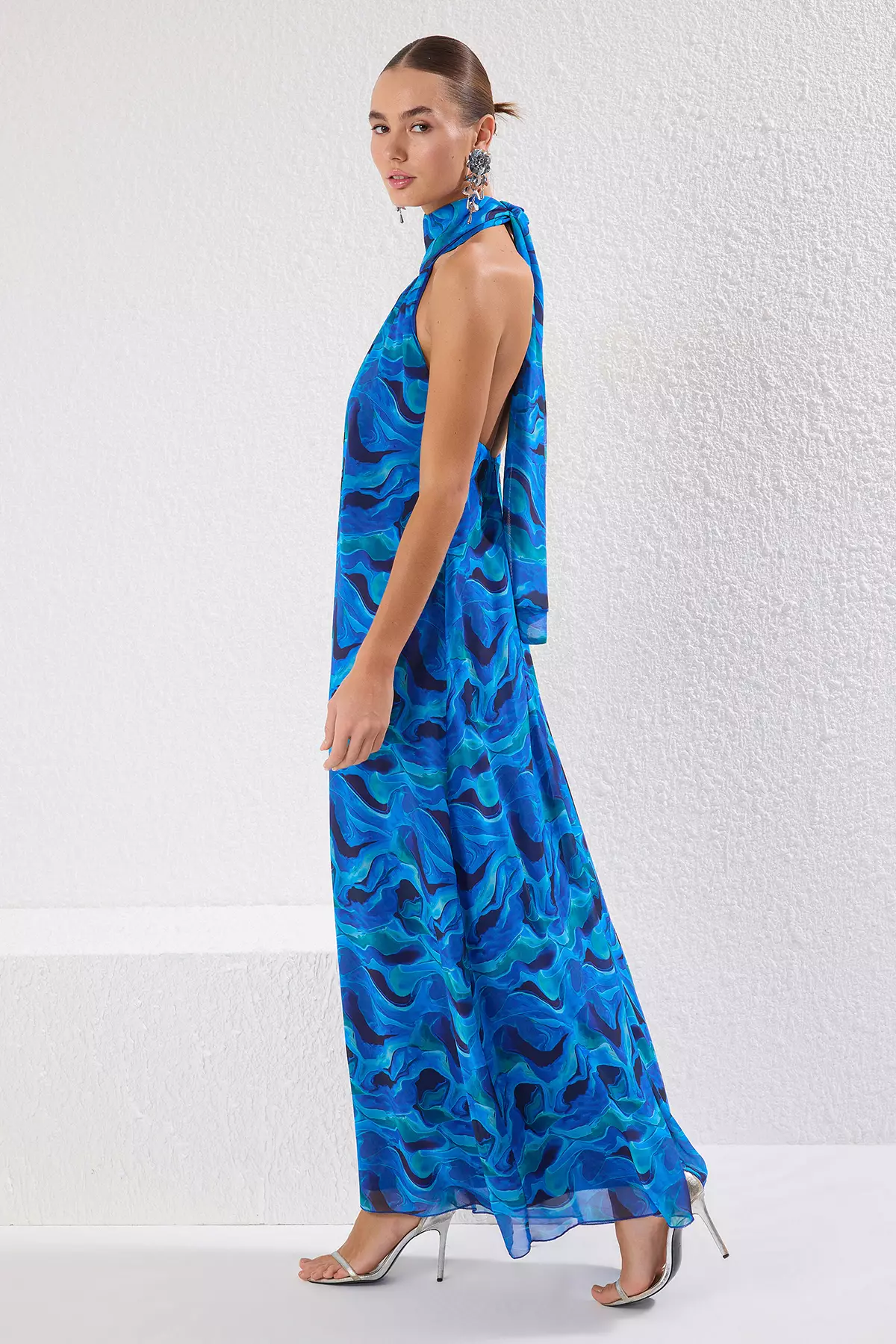 Multicolored Abstract Patterned Lined Chiffon Woven Long Elegant Evening Dress