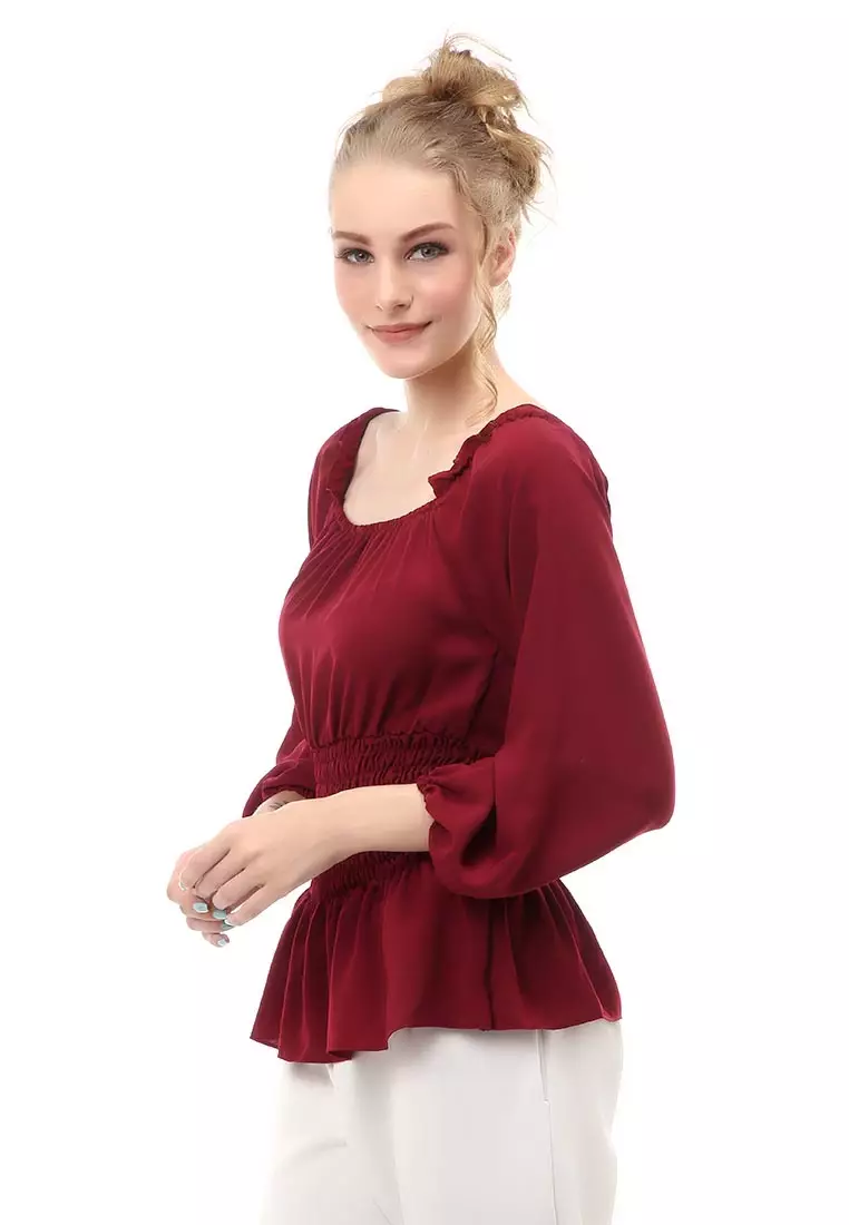 Cheva Blouse Atasan Wanita Sabrina Karet Pinggang Lengan Panjang Casual Shirt Long Sleeve Material Wolfis ORIGINAL