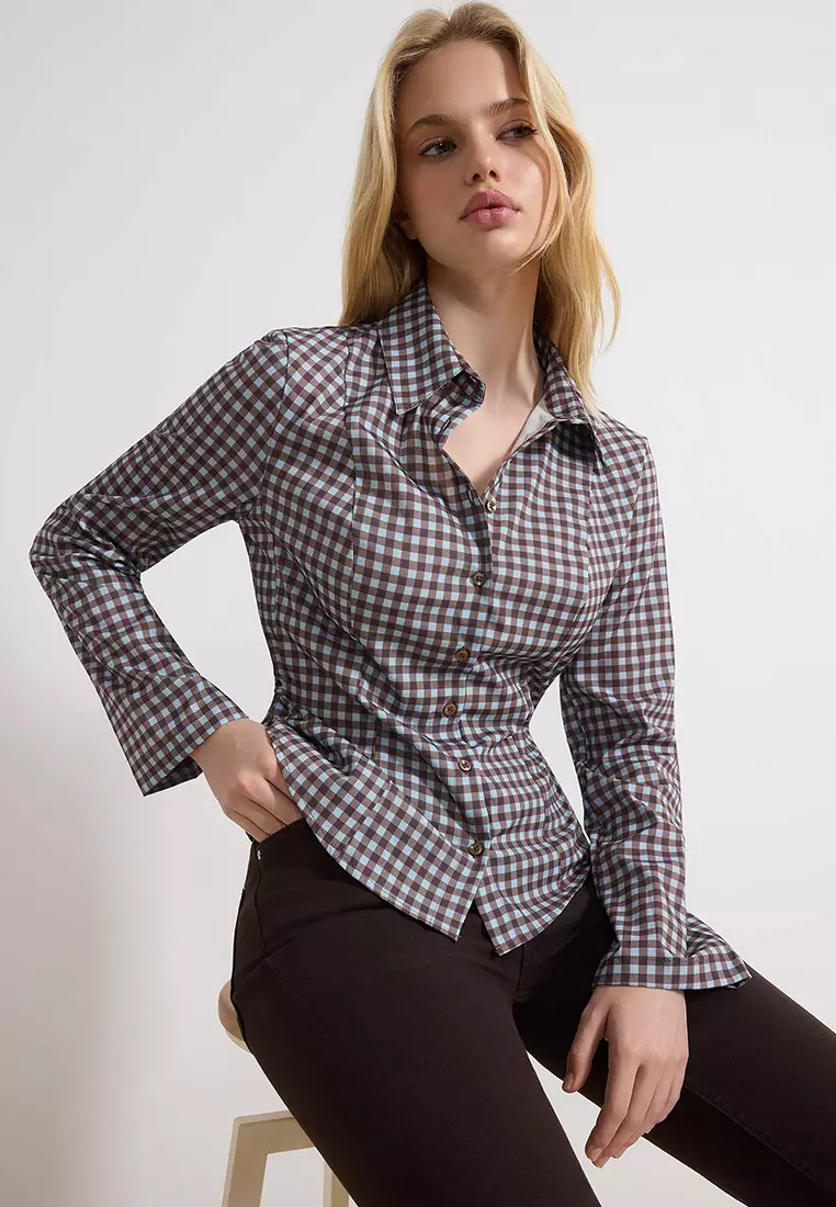 Blue-Multicolor Checkered Waist Adjustable Lightweight Waist-Fitting Wide Sleeves Shirt Twoaw26Go13