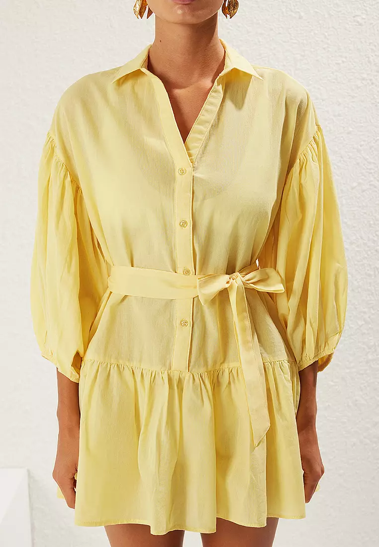 Woven Balloon Sleeve Beach Dress